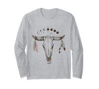 Bull Skull Moon Phases with Boho Feathers Manche Longue