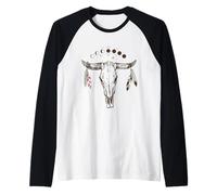 Bull Skull Moon Phases with Boho Feathers Manche Raglan