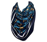 Bullahshah Écharpe carrée en satin de coton, effet foulard, imprimé léopard avec bordure en tigre (Bleu/Bleu Marine)