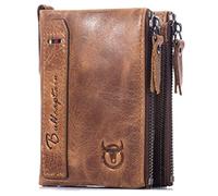 BULLCAPTAIN Portefeuille vintage en cuir véritable pour homme avec double fermeture éclair, marron, 4.7"x1.2"x3.7"(HxWxL), Décontracté