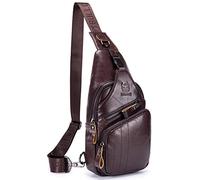 BULLCAPTAIN Sac de poitrine en cuir véritable pour homme, décontracté, polyvalent, sac à dos, voyage, randonnée, sac à dos, marron, 12.8"x7.1"x2.3", Sacs à dos Sling