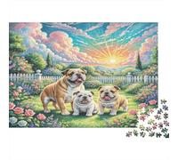 Bulldog américain Papier résistant Trois Chiens dans Un Jardin avec clôture Puzzle Décoration d’intérieur de Collection 38x26cm/1000 pièces