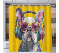 Bulldog Portant des Écouteurs Rideau De Bain, Animaux Amusants Rideau De Douche avec Revêtement Imperméable, Ensemble De Rideaux De Salle De Bain Cloison Suspendue Jaune, 200 * 200cm