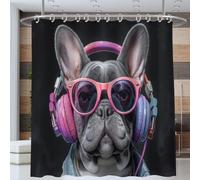 Bulldog Portant des Lunettes Rideau De Douche 150 * 180cm, Portrait d'animal Anthropomorphe Lavable Imperméable Rideaux De Douche pour Salle De Bain Domicile Baignoire Cabine De Douch, Gris Foncé