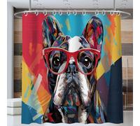 Bulldog Portant des Lunettes Rideau Douche 200 * 200cm, Rideau Douche Portrait Animalier À L'Aquarelle Rideaux De Baignoire Lavable Imperméable Rideaux Salle De Bain avec Crochets, Multicolore