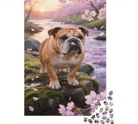 Bulldog Puzzle 1000 Pièces Jouet en Bois Cadeau Unique De l'art De La Décoration Fleur de Cerisier Stream Challenge Toy Adultes & Enfants des 14 Ans 1000pcs (75x50cm)