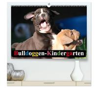 Bulldoggen-Kindergarten (hochwertiger Premium Wandkalender 2026 DIN A2 quer), Kunstdruck in Hochglanz: Vier Wochen alte Bulldoggen-Babys mit extremen Knuddelfaktor