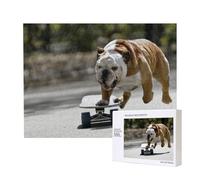 Bulldogs Anglais Bokeh Skateboard Animaux de Compagnie Anglais,Puzzle Familial en Bois de 500 pièces pour Adultes et Adolescents, décoration d'intérieur