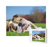 Bulldogs Anglais Chiens fatigués Animaux de Compagnie sur la pelouse Anglais,Puzzle Familial en Bois de 500 pièces pour Adultes et Adolescents, décoration d'intérieur