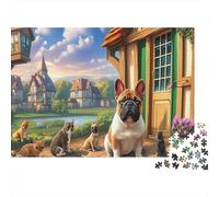 Bulldogs français dans Un Village 1000 Pieces Puzzles Adults and Children Animaux Cadeau Anti-Stress Activité De Détente Décoration De Salon 38x26cm/1000pcs