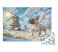 Bullmastiff Carton Bouledogue français près d’Un Moulin dans Un Champ Puzzle Premium Petite Surprise décorative 38x26cm/1000 pièces
