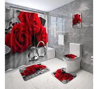 Bullpiano Ensemble de rideaux de douche 4 pièces avec tapis antidérapant, housse d'abattant de toilette et tapis de bain, ensemble de décoration de salle de bain pour la Saint-Valentin, motif cœur