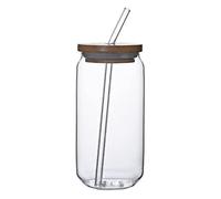 Bullpiano Verre à café glacé avec couvercle en bambou et paille Ensemble de tasses en verre en forme de canette de 16 oz Ensemble de verres à jus de printemps et d'été