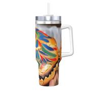 Bully glacé avec poignée et paille - Pour boissons chaudes et froides - 1 180 ml - Motif pain peint
