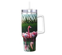 Bully glacé coloré et fabuleux imprimé flamants roses de 1,2 l avec poignée et paille - Gourde pour boissons chaudes et froides, parfaite pour les voyages, le sport, le bureau