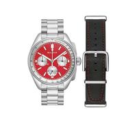 Bulova Lunar Pilot Montre à quartz de 43,5 mm avec chronographe, calendrier, bracelet en acier inoxydable et bracelet supplémentaire interchangeable en cuir noir, rouge