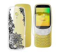 BUNAL Coque pour Nokia 3210 2024 (2.40") + Protecteur d'écran, Étui Anti-Collision Souple Silicone Case Résistant Coque en TPU + 9H Verre écran Film Protection - Motif de Fleur Noire