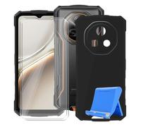BUNALFaa Coque pour Doogee Fire 7 (6.60") Case + Verre Trempé (2 Pièces), Étui Anti-Collision en Silicone Souple Housse Anti-Rayures avec Support pour Téléphone Portable - Noir