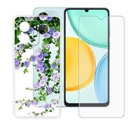 BUNALFaa Coque pour Honor Play 10A 5G (6.75") + avec Verre Trempé HD Protections d'écran, Phone Case Cover Étui Souple Silicone Clear TPU Housse Protection Bumper - Fleurs Violettes