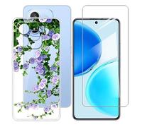 BUNALFaa Coque pour Honor X8d (6.77") + avec Verre Trempé HD Protections d'écran, Phone Case Cover Étui Souple Silicone Clear TPU Housse Protection Bumper - Fleurs Violettes