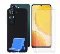 BUNALFaa Coque pour Vivo Y19s 5G (6.74") Case + Verre Trempé (2 Pièces), Étui Anti-Collision en Silicone Souple Housse Anti-Rayures avec Support pour Téléphone Portable - Noir