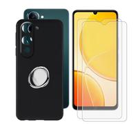 BUNALFaa Coque pour Vivo Y19s 5G (6.74") Case + Verre Trempé (2 Pièces), Étui Anti-Collision Silicone Souple Housse avec Support de Téléphone Portable Réglable à 360° - Noir