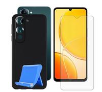 BUNALFaa Coque pour Vivo Y19s 5G (6.74") + HD Verre Trempé Écran, Phone Case Cover Étui Souple Silicone Housse Protection Bumper avec Support pour Téléphone Portable - Noir