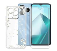 BUNALFaa Coque pour Wiko T20 (6.56") + 2 Pack HD Verre Trempé, Phone Case Cover Étui Souple Silicone Housse Protection Bumper+Écran Film Protection - Fleurs Blanches