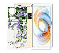BUNALFaa Coque pour ZTE Nubia Z70S Ultra (6.85") + avec Verre Trempé HD Protections d'écran, Phone Case Cover Étui Souple Silicone Clear TPU Housse Protection Bumper - Fleurs Violettes