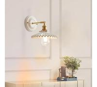 BUNCC Applique Murale en céramique Vintage de Style Japonais Abat-Jour en céramique plissé Blanc Applique Murale avec Appliques en Laiton réglables à 180 degrés Lampe Murale pour Salon de Chevet
