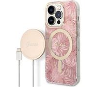 Bundle Coque pour iPhone 14 Pro Max Motif Jungle et Chargeur Sans Fil Qi MagSafe Rose