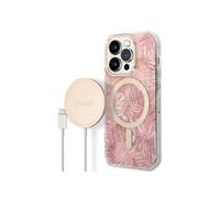Bundle Coque pour iPhone 14 Pro Motif Jungle et Chargeur Sans Fil Qi MagSafe 15W Rose