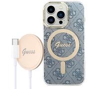 Bundle Coque pour iPhone 14 Pro Max Magsafe 4G et Chargeur Sans Fil Qi 15W Guess Bleu