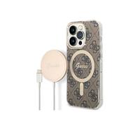 Guess Bundle Pack MagSafe 4G - Ensemble coque pour iPhone 14 Pro Max + chargeur MagSafe (Marron/Or) - 3666339102920
