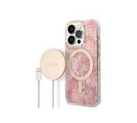 Bundle Coque pour iPhone 14 Pro Motif Jungle et Chargeur Sans Fil 15W, Rose