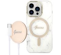 Bundle Coque Pour Iphone 14 Pro Motif Marbré Et Chargeur Sans Fil Qi Magsafe 15w Guess Blanc