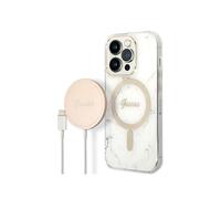 Bundle Coque pour iPhone 14 Pro Motif Marbré et Chargeur Sans Fil 15W, Blanc