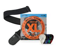 Bundle de guitare électrique D'Addario, contenant ; EXL110 Cordes de guitare légères régulières, sangle en polypro noir, médiators de guitare en celluloïd assortis