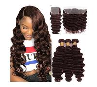 Bundle de tissage de cheveux humains humains ondulés marron avec fermeture #4 Faisceau de tissage de cheveux Remy (10,2 x 10,2 cm, 24 24 26 et 20)