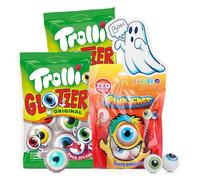 Bundle Trolli Glotzer & ZED Glubscher - 2x Trolli Glotzer 75g & 1x ZED Glubscher 67g avec autocollant fantôme - bonbons effrayants pour Halloween, fêtes d’enfants, anniversaires, soirées horrifiques