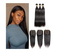 Bundles Bundles droits de qualité 10A avec fermeture Remy 10-34 pouces cheveux humains 3 faisceaux brésiliens, noir naturel Extensions de coiffure(Middle Part 10A,34 34 34 with 20)