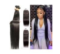 Bundles Paquets droits d'os avec fermeture Extension de tissage cheveux humains couleur naturelle paquets brésiliens Remy frontal for les femmes noires Extensions de coiffure(6" x 6",34 36 36with22)