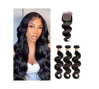 Bundles Tissage en lot de cheveux humains avec fermeture 4x4, double trame, 10 à 32 pouces long, tissage ondulé dentelle suisse, brésiliens Remy Extensions de coiffure(16 18 20 with 14)