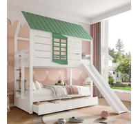 Bunk bed 90x200 Children's house bed Loft bed Slide Ladder Gable roof Window 2 drawers Wooden bed Slat base Fall protection Pine White+Green 90x200 cm blanc