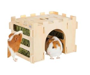 Bunny Castle - Detachable Small Pet Hideaway, Wooden Play House with Hay Feeder, Fun Activity Enclosure for Small Animals | Bunny Play House, Chinchilla Hedgehog Pet Enclosure Backyard Indoor Home