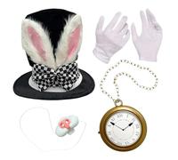 Bunny Costume - ABS, Rabbit Accessories, 4 pièces Cosplay Set | Plush Ear Hat, Bunny Nose, Gloves, Clock, Role Play Kit For Easter, Halloween, Party Events, Gatherings, Celebrations Adults, Kids
