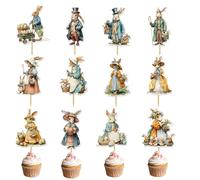 Bunny Cupcake Toppers - Retro Animal Cake Picks, Dessert Decoration Set | 12 Piece Easter Theme Collection 6cm Food Safe Sticks Cute Character Design Baking Display Festival Party Birthday Craft Styli