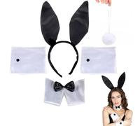 Bunny Ensemble de Déguisement,Oreilles De Lapin, Bandeau Oreilles De Lapin,Kit de Déguisement de Lapin Serre-Tête,Accessoire de Fausse Fourrure Noir Oreilles de Lapin + nœud Papillon + Queue de Lapin