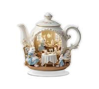 Bunny Figurines - 2D Easter Bunny Family in Teapot Statue | Afternoon Tea Animal Home Ornaments for Living Room, Bedroom, Office, Farmhouse, Dining Table, Shelf, Holiday Décor and Seasonal Celebration