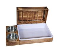 Bunny Hay Feeder, Small Animal Litter Box, Wooden Feeder with Double Bowls, Anti-Waste Food Dispenser, for Rabbits Chinchillas Hamsters, 2-in-1 Design, White Brown Color, 1 Set